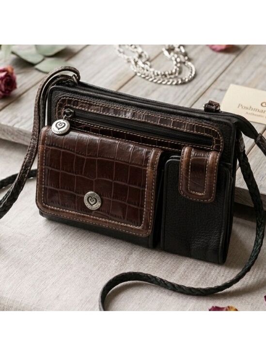 Brighton Handbags - BRIGHTON CROSSBODY ORGANIZER CLUTCH PHONE CHECKBOOK BAG BLACK PEBBLE CROC TRIM